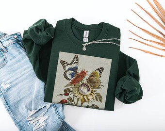 Vintage Sunflower Butterfly Sweatshirt: Botanical Graphic Crewneck