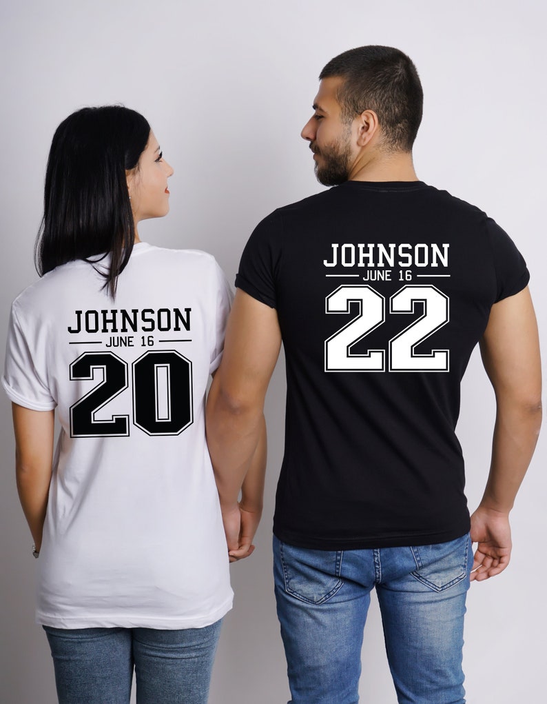 Matching Couples Shirts with Wedding Year Date and Last Name on Back Side, Mr and Mrs Gift for Anniversary