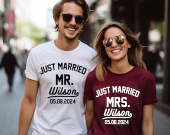 Anpassad nygift skjorta, äktenskapst-t-shirt, matchande bröllopspresent till par, smekmånadsoutfit för brud och brudgum
