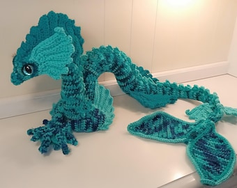Sea dwelling aquatic dragon Crochet ,  deep sea blue & teal , ocean sea creature, sea serpant, crochet *hand made to order*  wired poseable