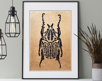 Black 'Goliath Beetle' Linocut print on recycled brown card (A4)