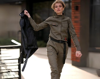 Khaki flight suit, Japanese clothing, futuristic jumpsuit, khaki woman suit, techwear, womens coveralls, jumpsuit women