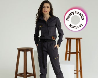 Military coverall, flight suit, woman gray suit, lounge wear, gray suit, romper women, gray suit lounge wear, street wear