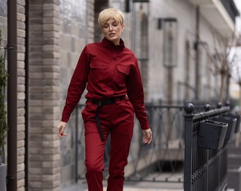 Red boiler suit, military coverall, tracksuit set, athletic sets, adult onesie, futuristic red jumpsuit, overalls women