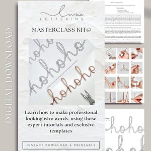 Può includere: Un download digitale per un kit Masterclass Luxe Lettering. L'immagine mostra parole di filo che compongono "hohoho", insieme a modelli e istruzioni. Il kit include download immediato e materiali stampabili.
