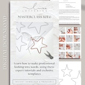 Könnte beinhalten: Ein digitaler Download für ein Luxe Lettering Masterclass Kit. Das Bild zeigt einen Kupferdrahtstern, Drahtschneider und Anweisungen. Der Text lautet: "Erfahren Sie, wie Sie professionell aussehende Drahtwörter erstellen, indem Sie diese Experten-Tutorials und exklusiven Vorlagen verwenden."