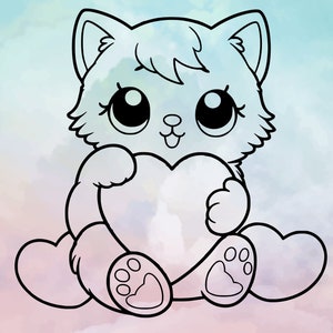 Mignon chaton chat avec coeur Saint-Valentin SVG bébé chat contour Cricut Silhouette coupe fichier chat chaton Saint-Valentin Animal vinyle gravure laser