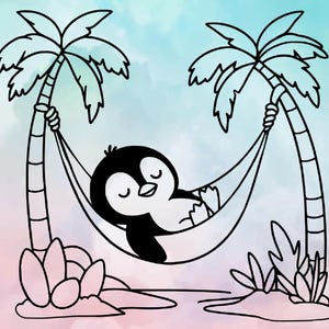Lindo pingüino relajante de vacaciones de verano en capas SVG, contorno en capas SVG, Cricut Silhouette grabado láser, lindo animal SVG