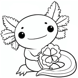 May include: A black and white line drawing of an axolotl holding a four-leaf clover. The axolotl is smiling and has large, round eyes.
