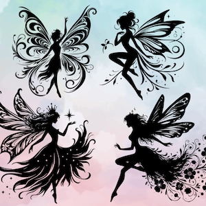May include: Four black silhouette illustrations of fairies with intricate wings and floral details. Each fairy has a unique pose and expression.