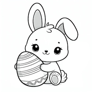 Puede incluir: Un dibujo en blanco y negro de un lindo conejito sosteniendo un huevo de Pascua decorado.