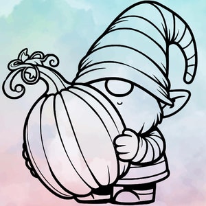 May include: A whimsical illustration of a gnome holding a large pumpkin. The gnome wears a striped hat and a tunic. The pumpkin is round with vertical lines. The background has a watercolor effect with shades of blue, pink, and white.