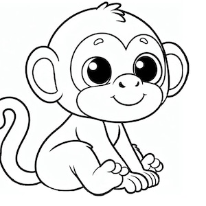 Puede incluir: Un dibujo en blanco y negro de un mono de dibujos animados con ojos grandes y una sonrisa. El mono está sentado con las piernas cruzadas y la cola enroscada alrededor de su cuerpo.