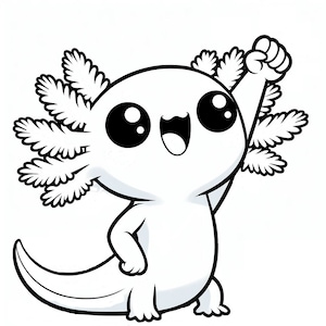 Op de afbeelding: Een zwart-witte lijntekening van een cartoon-axolotl met grote ogen en een vrolijke uitdrukking. De axolotl staat op zijn achterpoten met één arm in de lucht, alsof hij juicht.
