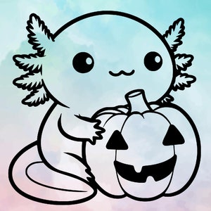May include: A black and white cartoon axolotl character embracing a carved pumpkin. The axolotl has large eyes and frilly gills. The pumpkin has a traditional jack-o'-lantern face. The background is a watercolour wash of blue, pink, and purple.