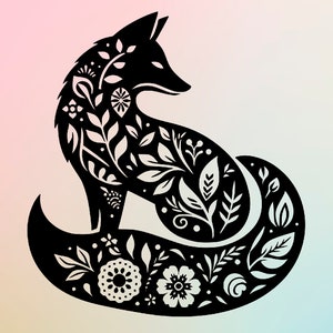 renard avec motif de fleurs et de feuilles SVG renard contour Cricut Silhouette coupe fichier vinyle animal forêt gravure laser renard assis