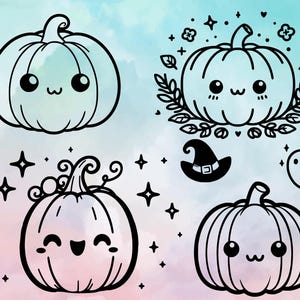 Puede incluir: Ilustraciones en blanco y negro de calabazas con caras bonitas, un sombrero de bruja y un fantasma. Las calabazas tienen varios diseños, algunos con hojas y estrellas, perfectas para manualidades de Halloween o otoño.