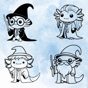 Puede incluir: Cuatro ilustraciones en blanco y negro de ajolotes vestidos de magos. Cada ajolote lleva un sombrero puntiagudo, una túnica y sostiene una varita mágica.