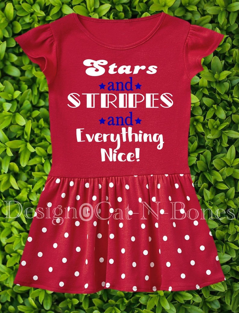 May include: Red sleeveless dress with white polka dots and a white graphic that says "Stars and Stripes and Everything Nice!"