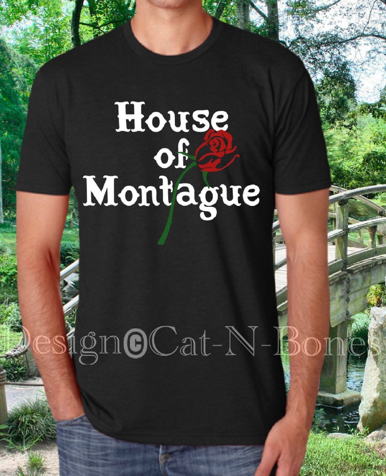 May include: Black t-shirt with white text that reads "House of Montague" and a red rose graphic.