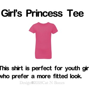 May include: Pink princess tee shirt for youth. The shirt is a fitted style. The text on the image reads "Girl's Princess Tee".