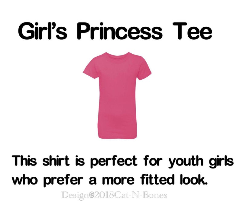 May include: Pink princess tee shirt for youth. The shirt is a fitted style. The text on the image reads "Girl's Princess Tee".