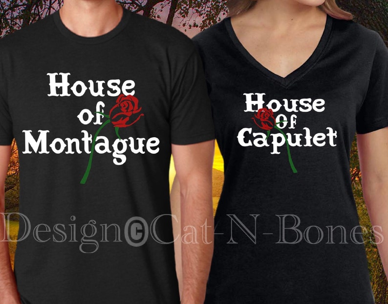 May include: Two black t-shirts with a white rose and the text "House of Montague" and "House of Capulet".