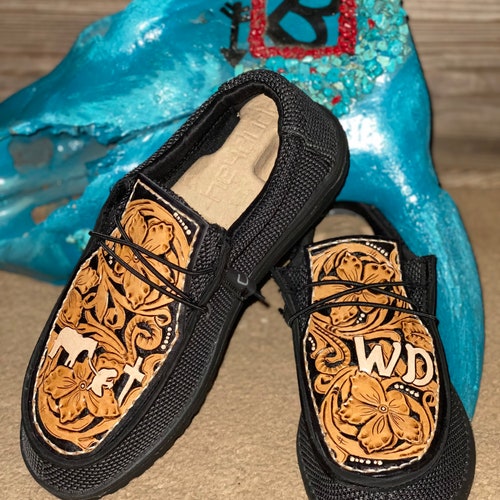 Feather Custom Tooled Leather Hey Dudes Etsy