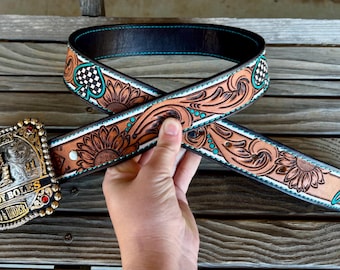 Western Tooled Leather Belt / Custom Floral & Basketweave  display picture 2