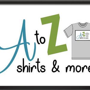 May include: A to Z shirts & more logo with a blue cursive A and a green Z. A grey t-shirt with the logo printed on it.