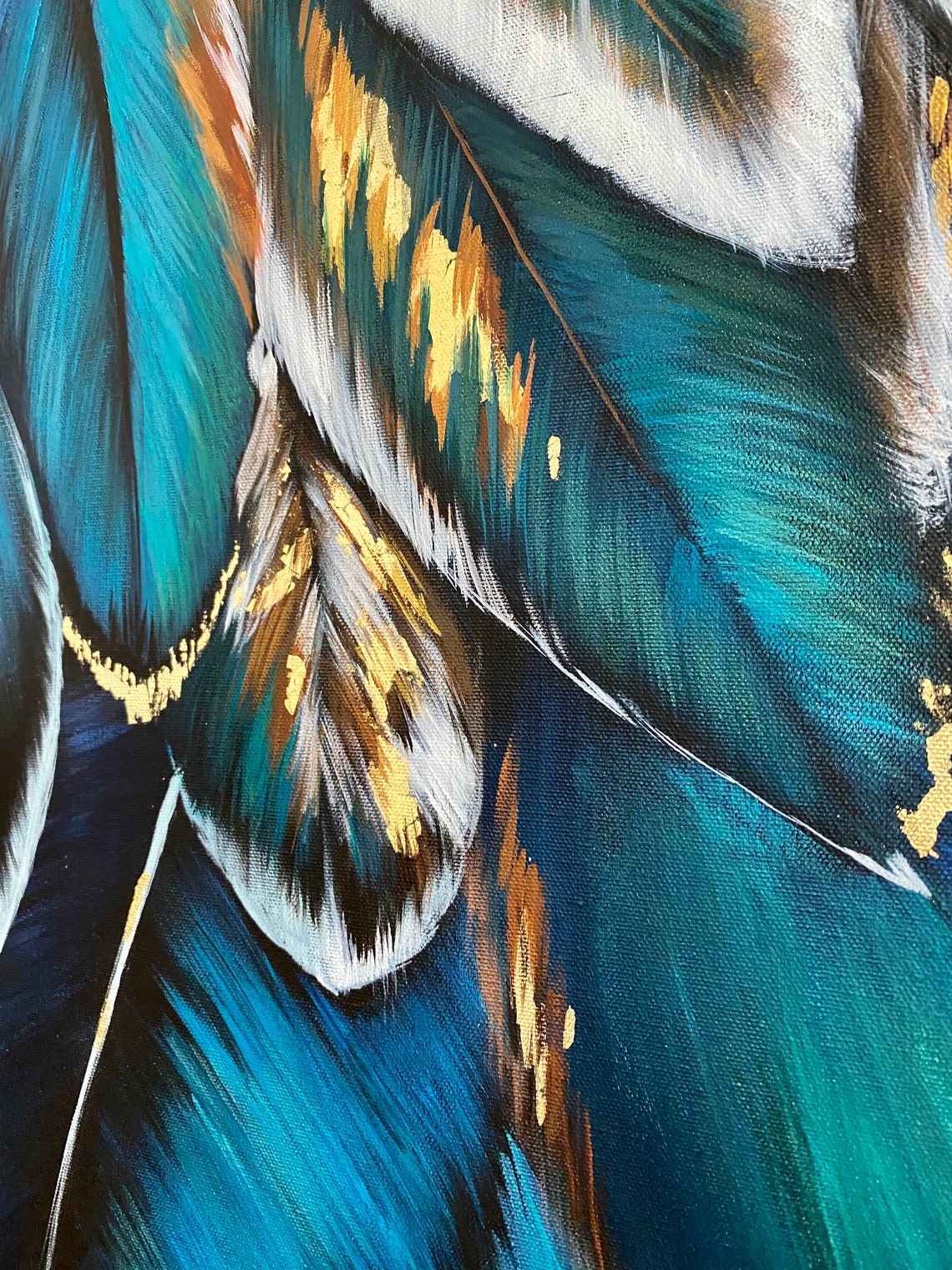 Large turquoise feather painting blue feathers gold leaf large Etsy