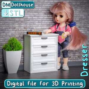 Dollhouse Dresser with 4 drawers - STL file for 3D printing. Miniature furniture 3D Model 1:12 scale chest 4 drawers for dollhouse roomboxes