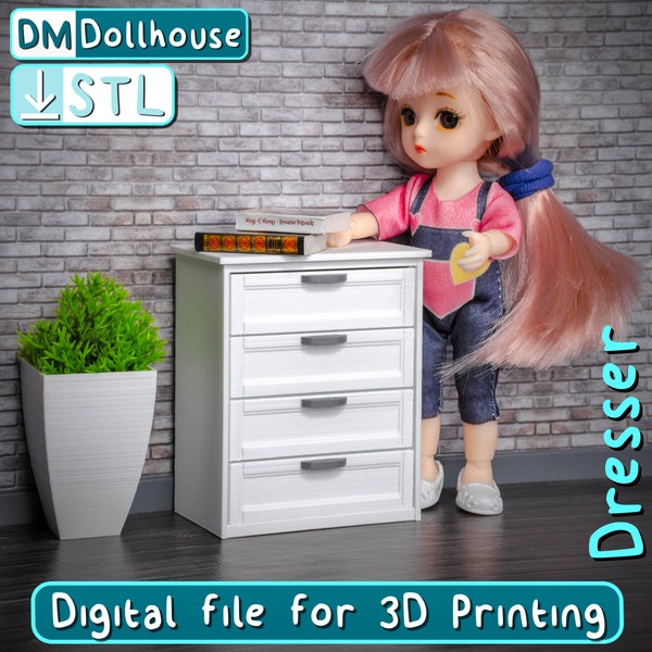 Dollhouse Dresser with 4 drawers - STL file for 3D printing. Miniature furniture 3D Model 1:12 scale chest 4 drawers for dollhouse roomboxes