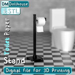 3DプリントSTLファイル - ドールハウスバスルーム用ミニチュアトイレットペーパーホルダー＆ロール 1:12スケール - 自立型デザイン。今すぐ注文