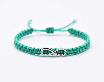 infinity bracelet, braided string bracelet with a silver tone infinity charm, adjustable wristband for man and woman