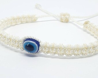 evil eye bracelet, evil eye protection amulet, ivory braided bracelet, Beautiful ivory color string, new, adjustable for man & woman