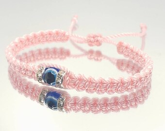 evil eye bracelet, evil eye protection, evil eye amulet, pink string braided bracelet, brand new, adjustable, beautiful baby pink string
