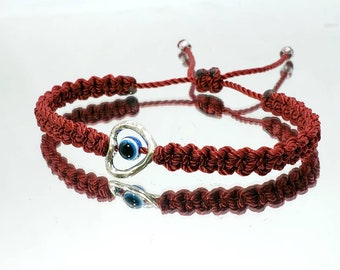 evil eye bracelet, burgundy string evil eye protection wristband, good luck braided bracelet, adjustable for man and woman