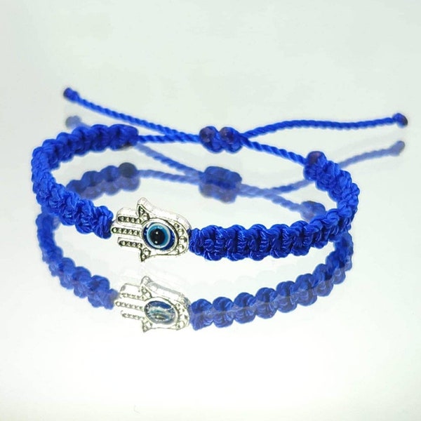 Kids size Hamsa hand royal blue string bracelet, for happiness, luck, health, and good fortune, good luck and evil eye protection for kids