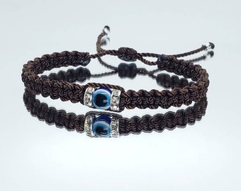 Evil eye bracelet, good luck wristband, brown string braided wristband, evil eye protection, good luck charm, adjustable for man & woman