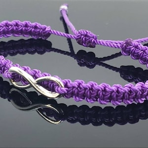 Beautiful infinity purple string bracelet, braided purple infinity adjustable wristband for man and woman