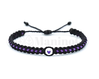 Thin purple line bracelet Black braided bracelet with a purple Line and a purple heart bead adjustable wristband domestic violence awareness