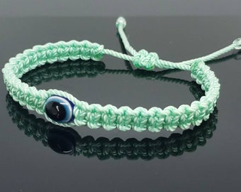 Evil eye amulet bracelet, good luck mint green string wristband, evil eye protection, good luck charm, adjustable, for man and women, new