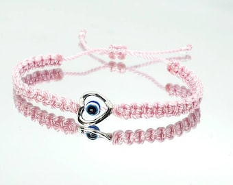 evil eye bracelet, pink string evil eye protection wristband, good luck braided bracelet, baby pink string bracelet adjustable