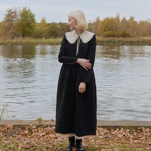 Dark Academia dress, black linen cottagecore dress, gothic witch dress with detachable collar and petticoat