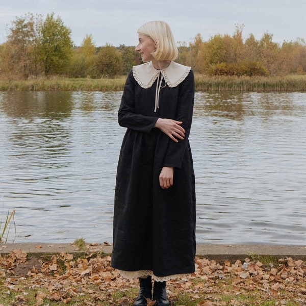 Dark Academia Kleid, schwarzes Leinen Cottagecore Kleid , Gothic Lolita Kleid - schlichtes schwarzes Brautkleid