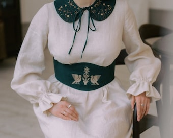 Linen underbust corset with hand embroidered birds, renaissance bodice, Faire corset belt