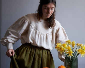 Victorian blouse with puff sleeves, peasant linen dark academia shirt