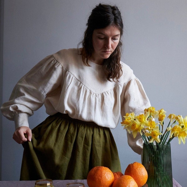 Victorian blouse with puff sleeves, peasant linen dark academia shirt