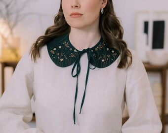 Detachable Peter Pan collar with hand embroidery, removable bib linen collar for women